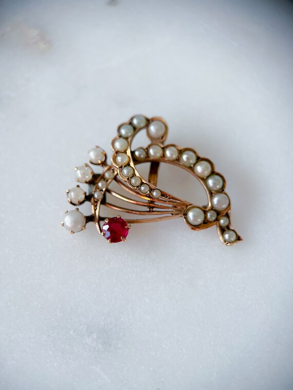 Victorian Era Pearl and Ruby Brooch - 14k Yellow … - image 1