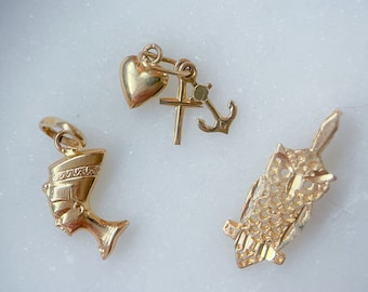 Vintage Faith Hope Charity, Owl & Nefertiti 14k Yellow Gold Mini Charms