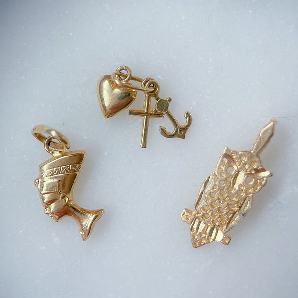 Vintage Faith Hope Charity, Owl & Nefertiti 14k Yellow Gold Mini Charms