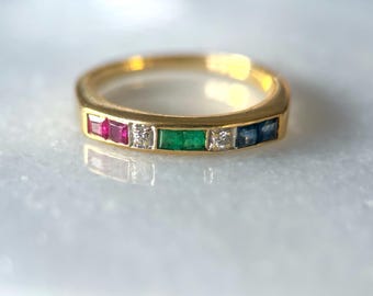 Vintage Natural Diamond, Ruby, Emerald and Sapphire 14k Yellow Gold Band