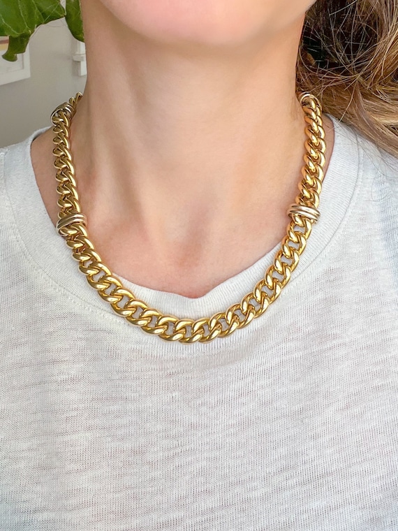Vintage Two Tone, Chunky Curb Chain Necklace with… - image 2