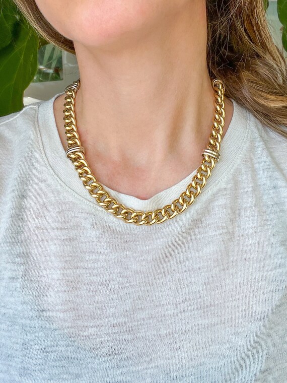 Vintage Two Tone, Chunky Curb Chain Necklace with… - image 4