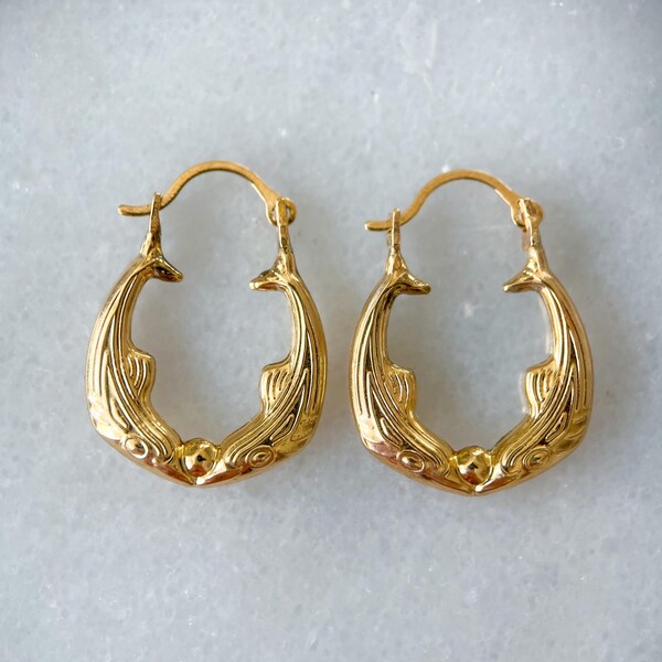 Vintage Whale 10k Yellow Gold Hoop Earrings