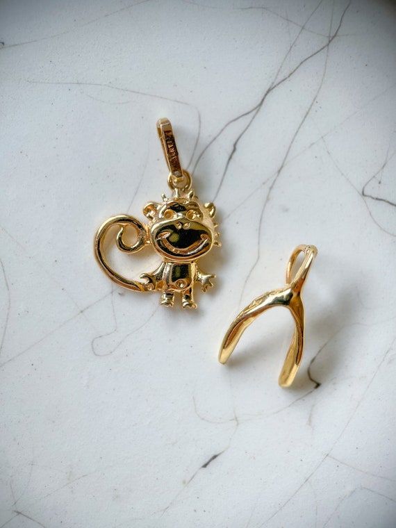 Vintage Wishbone and Monkey 14k Yellow Gold Charms