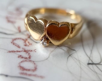 Vintage Double Heart with Natural Diamond 14k Yellow Gold Ring