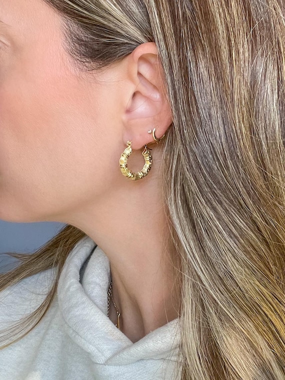 Bamboo Chunky 10k Yellow Gold Hoop Earrings View 2