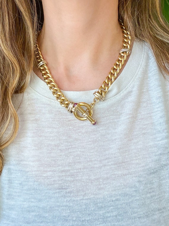 Vintage Two Tone, Chunky Curb Chain Necklace with… - image 3