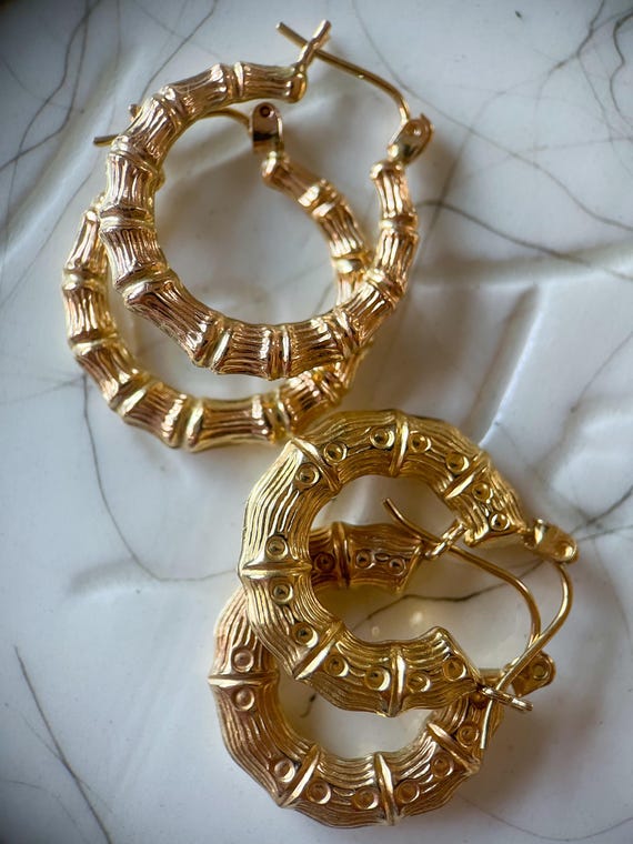 Bamboo Chunky 10k Yellow Gold Hoop Earrings View 5