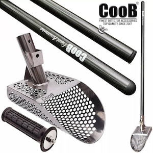 Sand Scoop set Metal Detecting Hunting Tool KREPISH & Carbon Fiber Pole Handle CooB. 1.5 mm Steel. 7 mm Holes. 2 Mount Options. + ProHandle