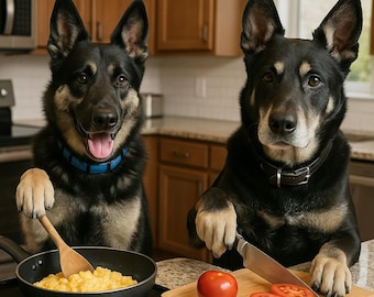 May include: Two German Shepherd dogs in a kitchen. One holds a wooden spoon over a pan of scrambled eggs. The other holds a knife over a cutting board with sliced tomatoes. Both dogs wear collars. Kitchen setting.