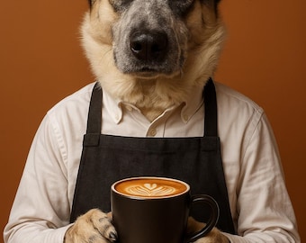 May include: A dog, wearing a white shirt and black apron, holds a dark brown coffee mug with latte art. The dog has brown eyes and a mix of black, white, and tan fur. The background is a warm brown.