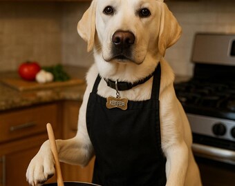 May include: A Labrador Retriever wearing a white chef's hat and black apron, stirring pasta in a pan with a wooden spoon. The dog has a name tag that says "KEEFER". The kitchen setting includes a stove, tomatoes, and garlic.