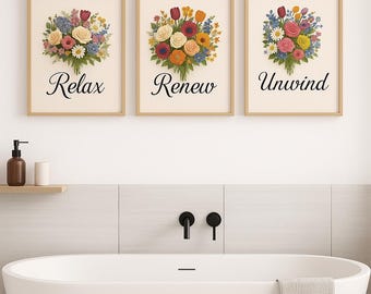 Relax, Renew, Unwind,Set of 3 Floral Wall Art Prints | 8x10 Botanical Prints for Bathroom, Spa, or Bedroom Decor