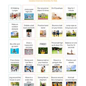 May include: A colorful chart with illustrations of children doing different outdoor exercise activities. The chart is titled "Let's start moving! Outdoor Exercise Activities for Kids".