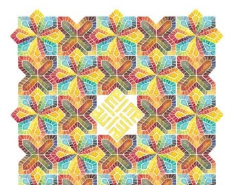 IMPRESSION 30 x 30 cm. Callygraphie coufique à motif géométrique. Nom divin, art islamique. Multicolore.