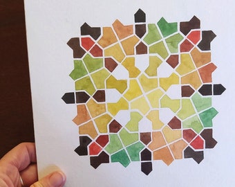 Original watercolor painting. Geometric pattern, hand painted Islamic geometry.