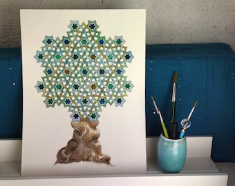 PRINT 30x42 cm. Tree, geometric illustration. Islamic geometry.  Watercolor painting, geometric patterns.