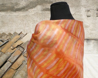 Batik stripe scarf, orange. Hand dyed silk square scarf, 90x90 cm.