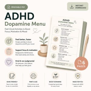 ADHD dopaminmeny utskrivbar PDF | 6-sidig neurodivergent planerare | Vanespårare | Mental hälsa | Dopamenu | Direkt nedladdning
