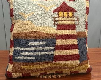 Hand-Hooked Wool Blend Lighthouse Throw Pillow | Coastal Nautical Americana 17"