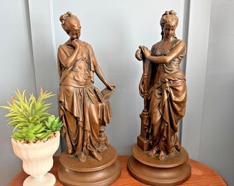 ESCO Classical Figurines Chalkware Goddess Pair Poet Musician Bronze Finish 17"