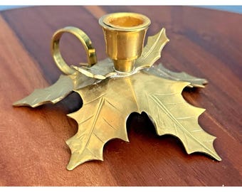 Vintage Brass Holly Leaf Shaped Chamber Candle Holder, Finger Hold 6"