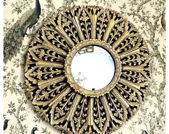 Vintage MCM MIrror Carved Wood Gold Sunburst Accent 22" Celestial Star Statement