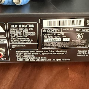 Sony DVP-S360 Cd Dvd Player w/ Remote RCA Cables Tested Working Dolby bild 10