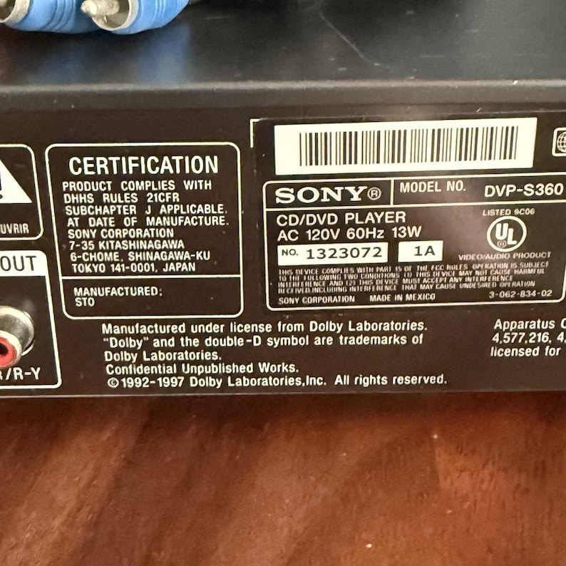 Sony DVP-S360 Cd Dvd Player w/ Remote RCA Cables Tested Working Dolby bild 10