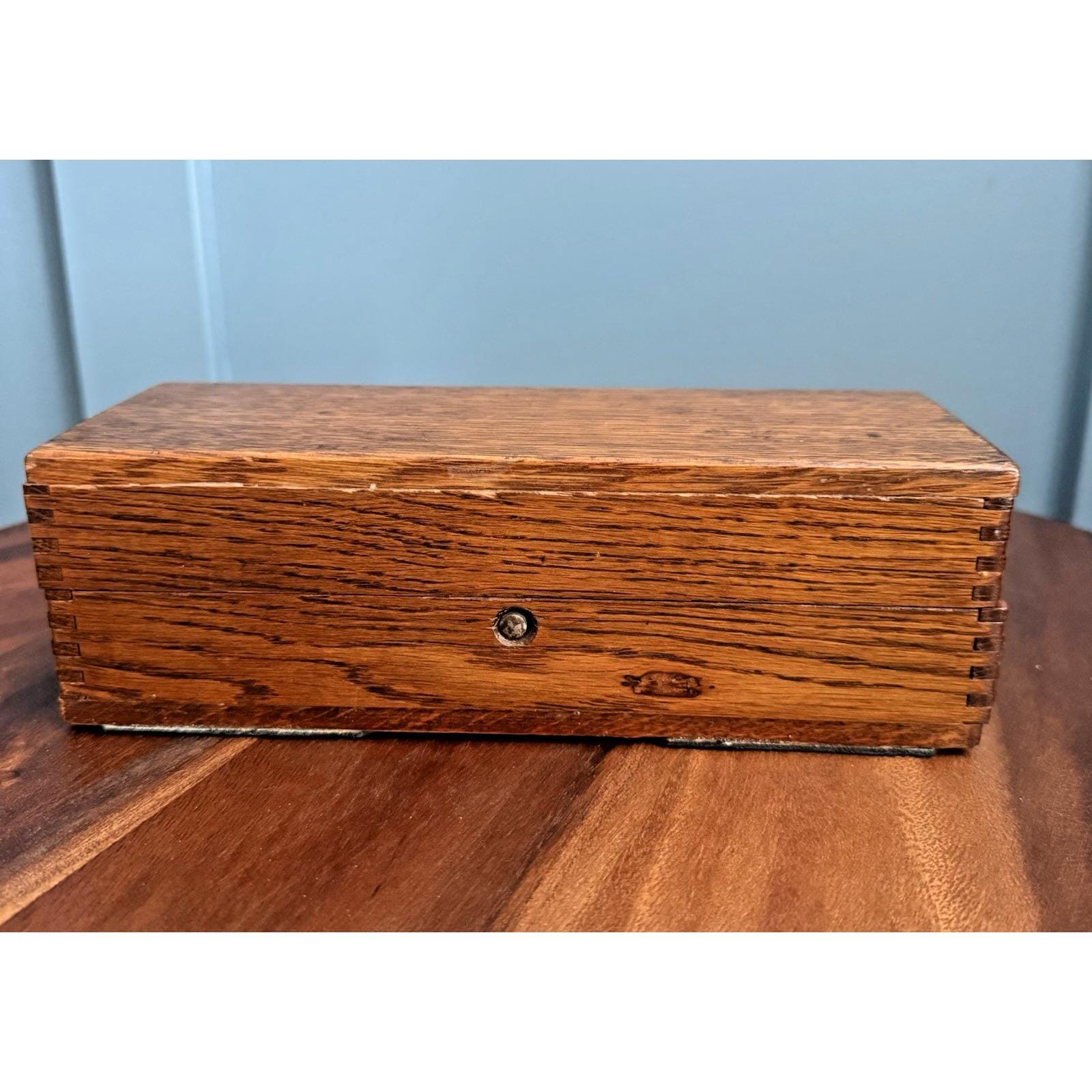 Antique Oak Sewing Notions Box Finger Joint Push Button Velvet Lined 8.5" Lidded