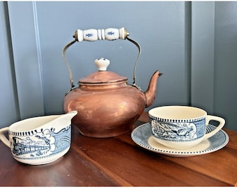 Vintage Copper and Brass Tea Kettle with Ceramic Handles Blue and White