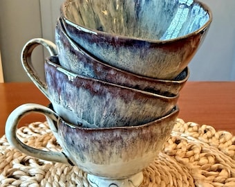 Set of 4 Artisan Pottery Tea Cups / Coffee Cups – Studio Style Drip Glaze – Blue