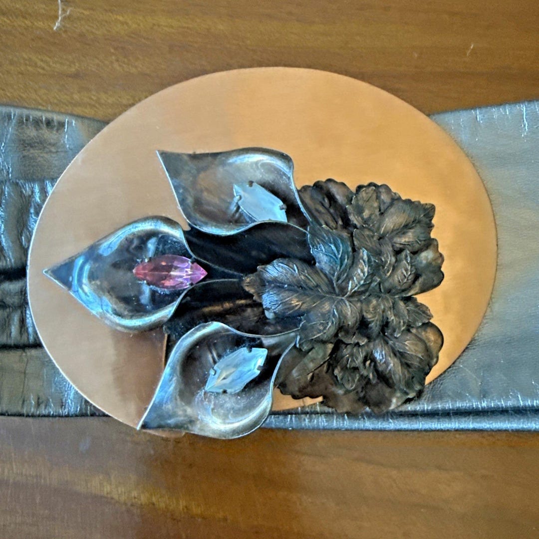 Vintage 90s‎ Reynold Mejer Leather Belt Copper Calla Lily Rhinestone Buckle 35\