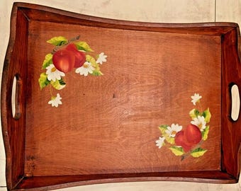 Hand-Painted Wooden Serving Tray Apples Daisies Rustic Cottage 19"
