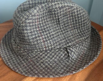 Vintage Pendleton 100% Virgin Wool Fedora Hat XL Gray Houndstooth Made USA F/W