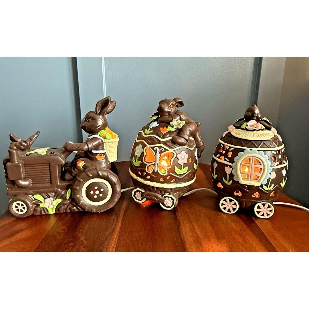 Easter Parade Chocolate Bunny Lighted Train Set Vintage Ceramic 3 Pc ...