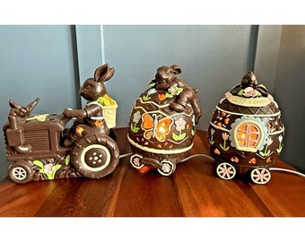 Easter Parade Chocolate Bunny Lighted Train Set Vintage Ceramic 3 Pc Spring Eggs