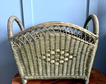 Vintage Woven Rattan Magazine Basket Sage Green Handles 17.5" Blankets Towels
