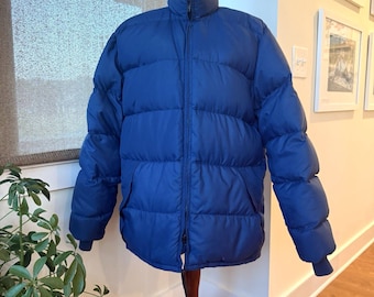 VINTAGE Frostline Mens Large Puffer Coat Blue Down Ski Parka Outdoors Hiking