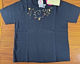 Quacker Factory Holiday Sweater L Black Short Sleeve Rhinestone Holly Christmas
