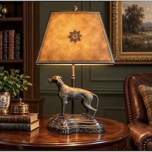 Vintage Maitland Smith Bronze Pointer Dog Lamp Marble Base Leather Shade 23"