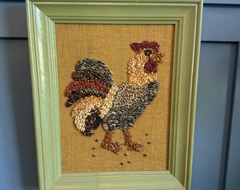 Vintage Seed Art Rooster Wall Decor Burlap Framed Folk Art 16 x 20  Bean Mosaic