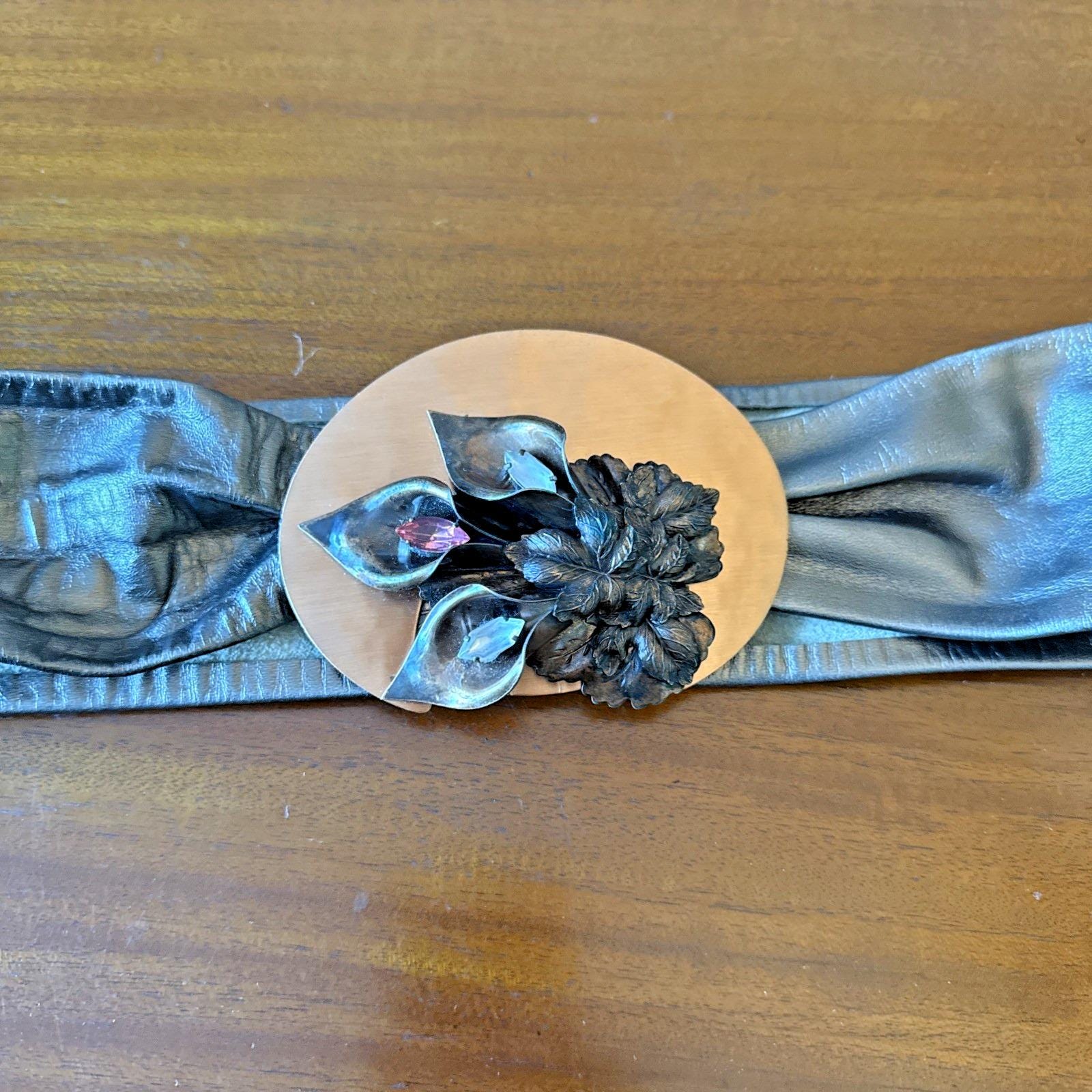 Vintage 90s‎ Reynold Mejer Leather Belt Copper Calla Lily Rhinestone Buckle 35\