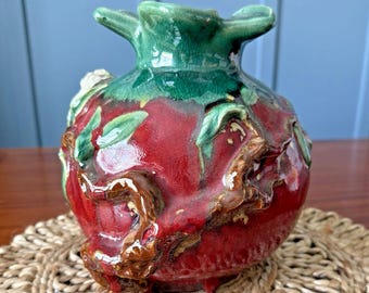 Majolica Style Pottery Pomegranate Vase Glazed 8.5" Earthenware MCM