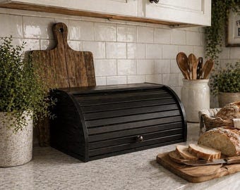 Vintage Roll Top Bread Box Wood Black Slat Farmhouse Kitchen Storage 16" Granny