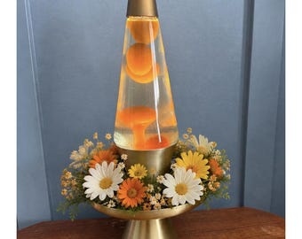 Vintage 70s Lava Lamp Floral Planter Base 16" Brushed Gold base Egg Yolk Wax