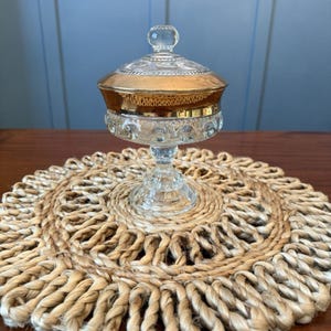 Indiana Glass Kings Crown Gold Rim Thumbprint Compote with Lid 7&quot;
