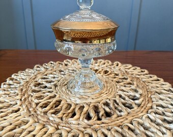 Indiana Glass Kings Crown Compote Lid Gold Rim Thumbprint 7 in