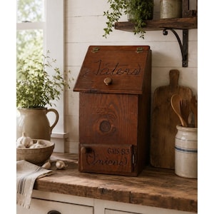 May include: A dark brown wooden storage bin with a slanted top lid featuring the word Taters in cursive script and a bottom drawer labeled Onions with the text GHS 83. The bin has a small wooden knob on the lid and the drawer front.