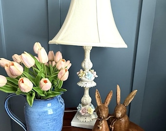 Vintage Floral Lamp Porcelain Roses Marble Base Cast Iron Cottage Shabby Chic